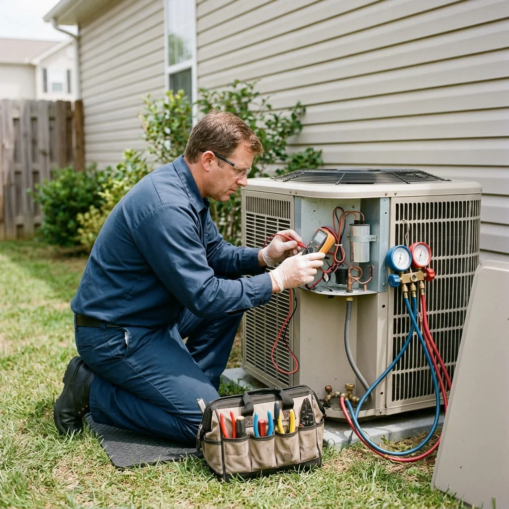 AC technician servicing an outdoor air conditioning condenser unit at a military family home near Fort Cavazos TX
