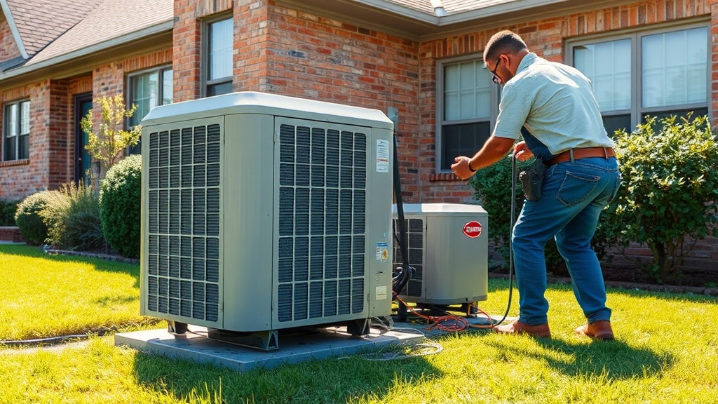 AC technician servicing a residential air conditioning unit outside a Harker Heights TX home