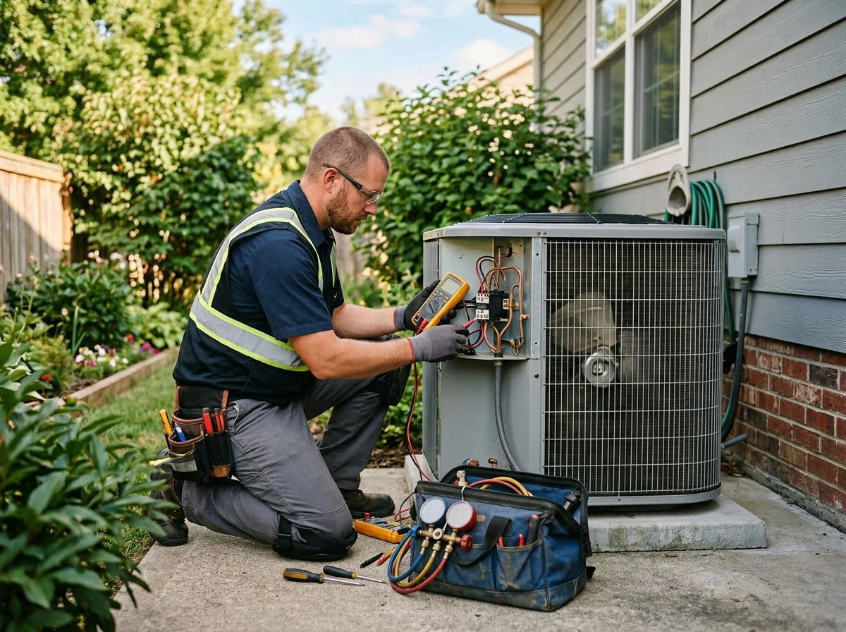 Technician diagnosing an outdoor air conditioning condenser at a suburban home in Katy TX