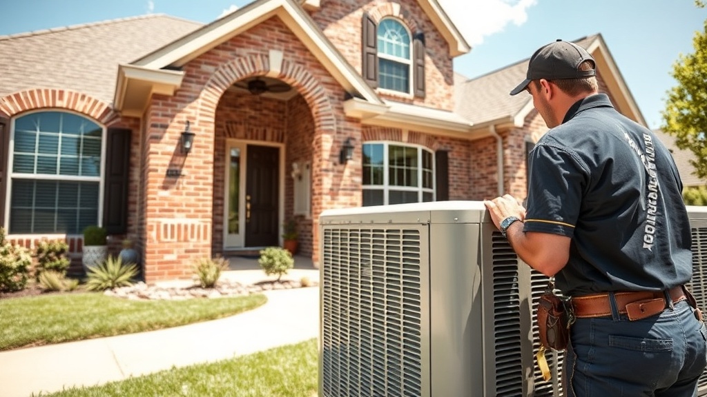 HVAC technician servicing an outdoor condenser unit beside a limestone home in Lampasas TX