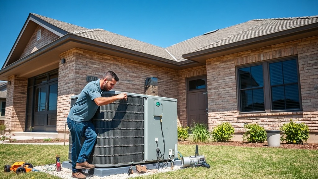 AC technician inspecting an outdoor condenser unit beside a suburban home in Nolanville TX on a hot summer day