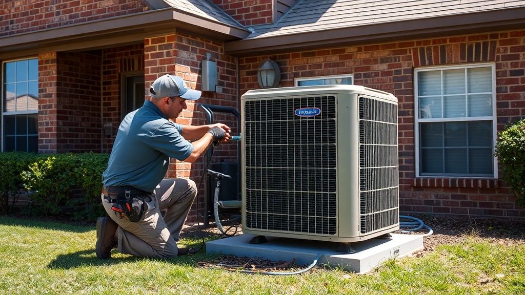 Professional HVAC technician servicing an AC unit outside a brick residential home in Temple TX