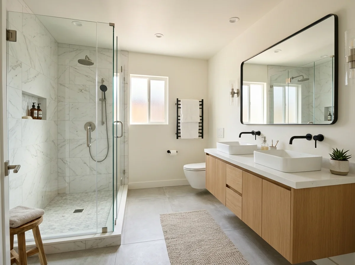 Newly remodeled bathroom with walk-in shower and modern vanity in a Katy TX home