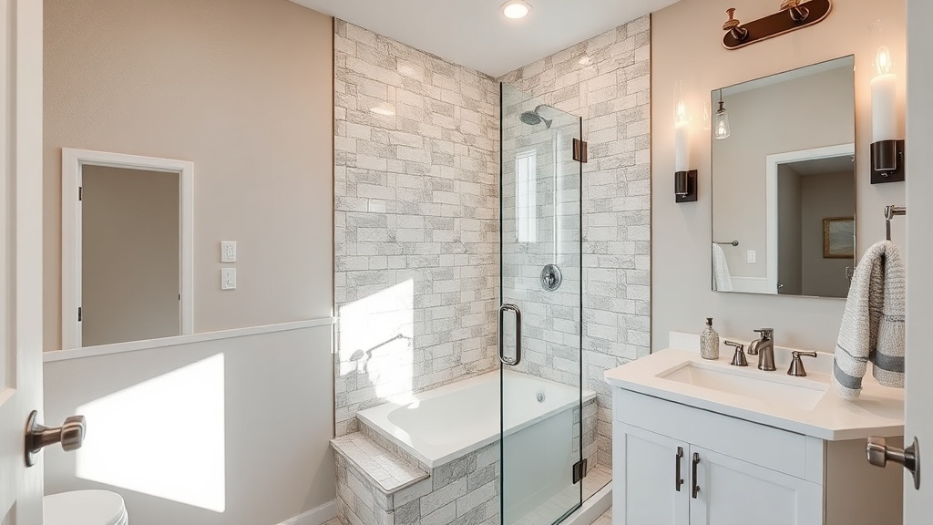 Remodeled bathroom with tile shower and new vanity in a rural home in Kempner TX
