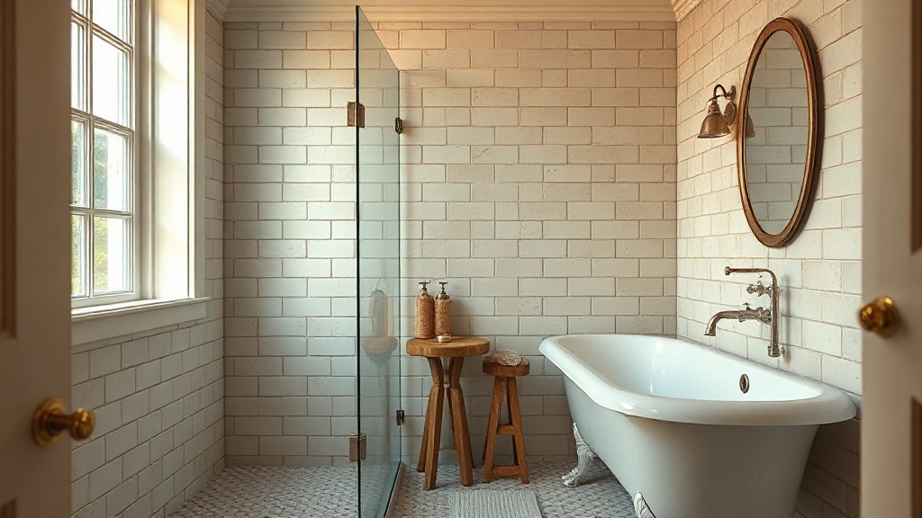 Renovated bathroom with tile shower and vintage-style fixtures in a historic Lampasas TX home