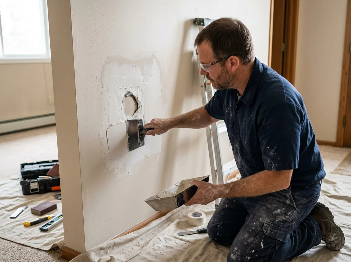 Handyman patching and texture-matching a drywall wall in a military family home near Fort Cavazos TX