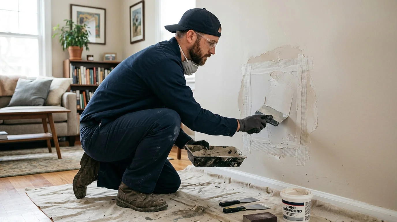 Drywall patching and texture matching work on an interior wall of a home in Katy TX