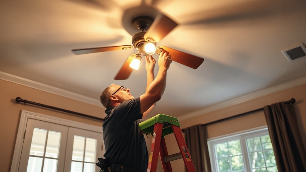 Electrician installing a new ceiling fan in a bedroom inside a residential home in Belton TX