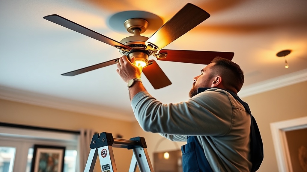 Electrician installing a ceiling fan in a residential room inside a Copperas Cove TX home