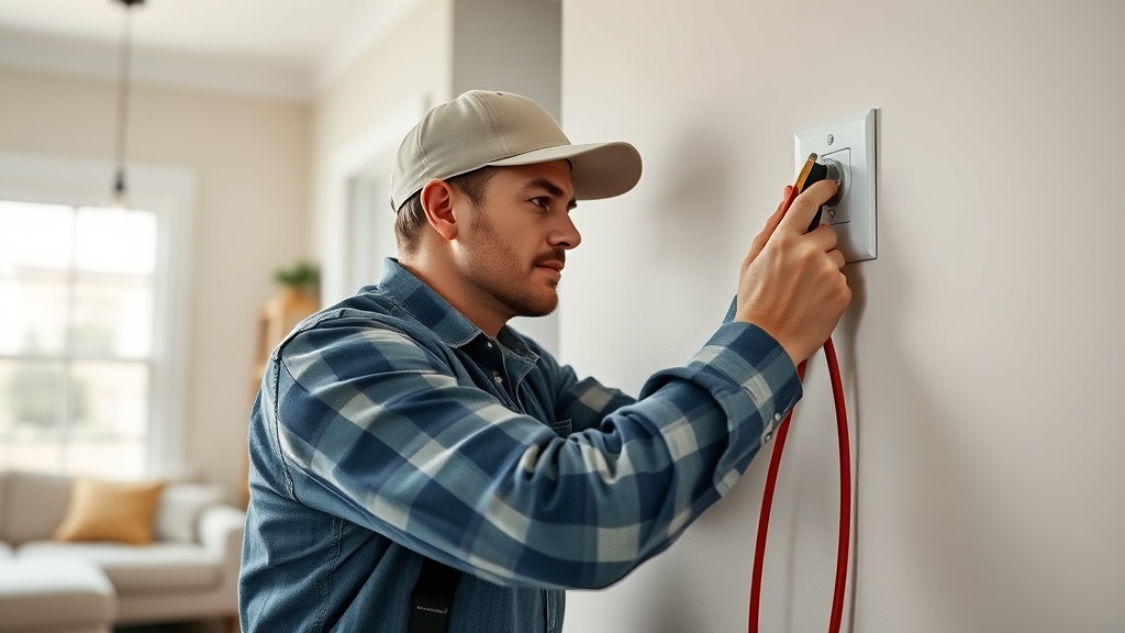 Licensed electrician replacing an electrical outlet on a wall inside a bright Harker Heights TX home