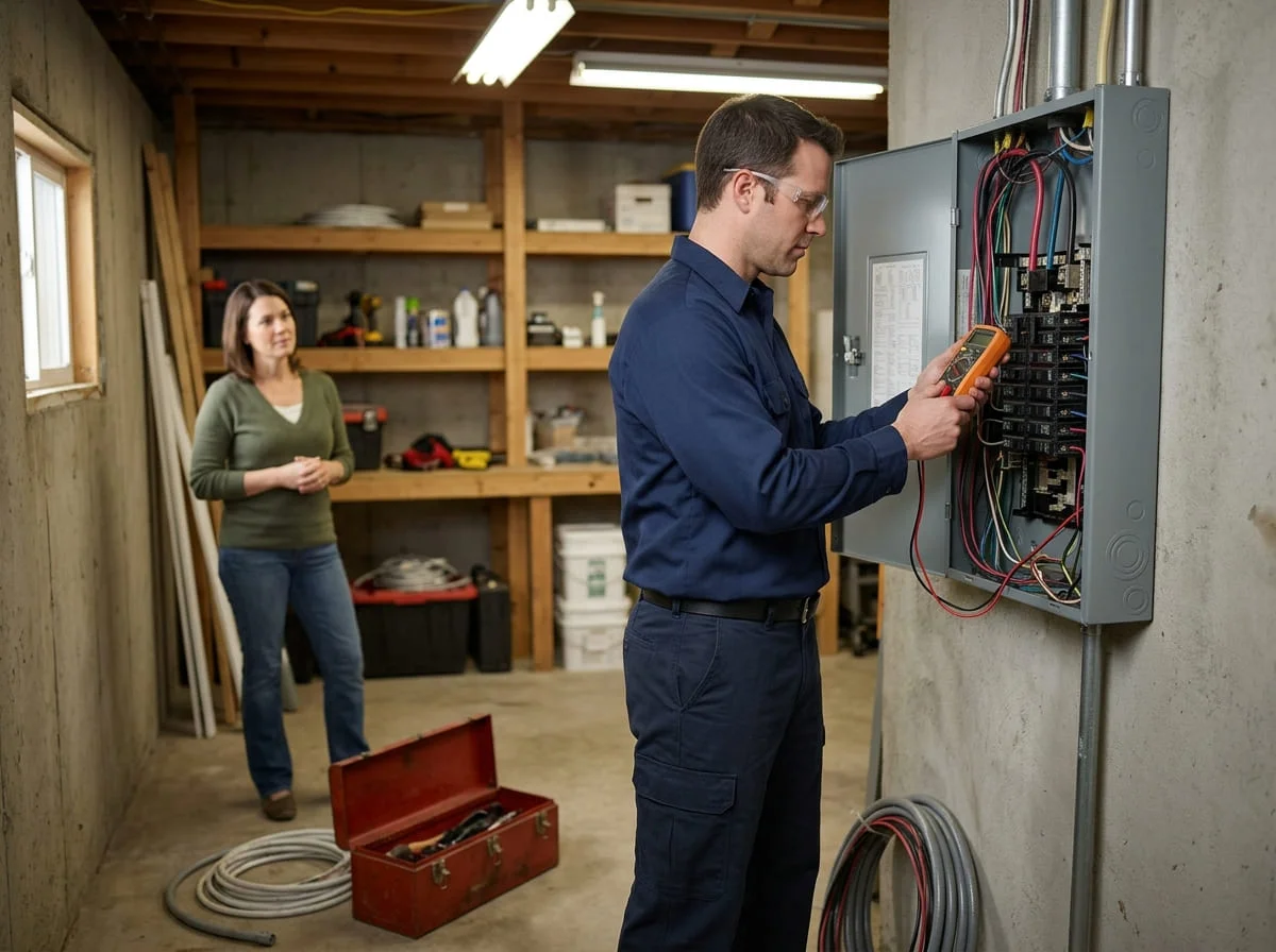 Electrician working at an exterior electrical panel beside a home in Katy TX
