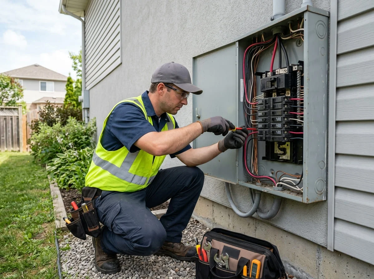 Electrician testing breakers in an outdoor electrical panel at a rural home in Kempner TX