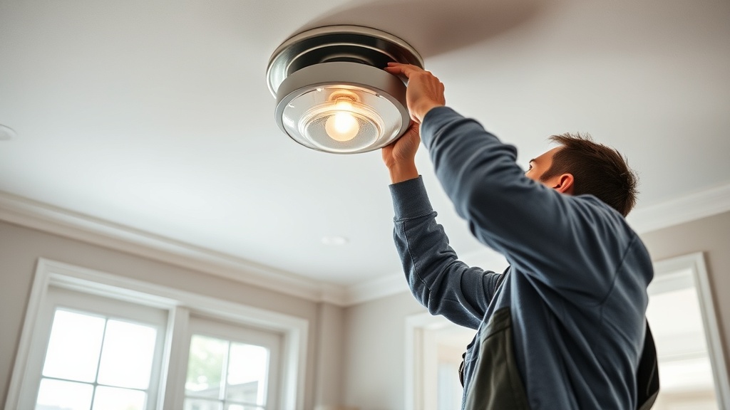 Electrician replacing a ceiling light fixture in a bright residential room inside a Temple TX home