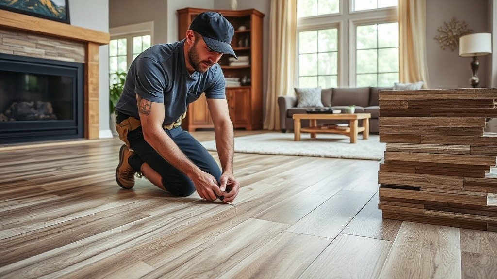 Flooring contractor installing luxury vinyl plank flooring in a Copperas Cove TX home living room