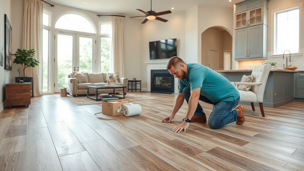 Flooring contractor installing luxury vinyl plank flooring in a bright living room inside a Harker Heights TX home