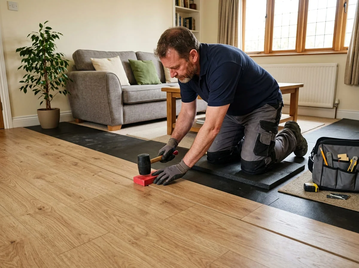Luxury vinyl plank flooring being installed over a concrete slab in a Katy TX home