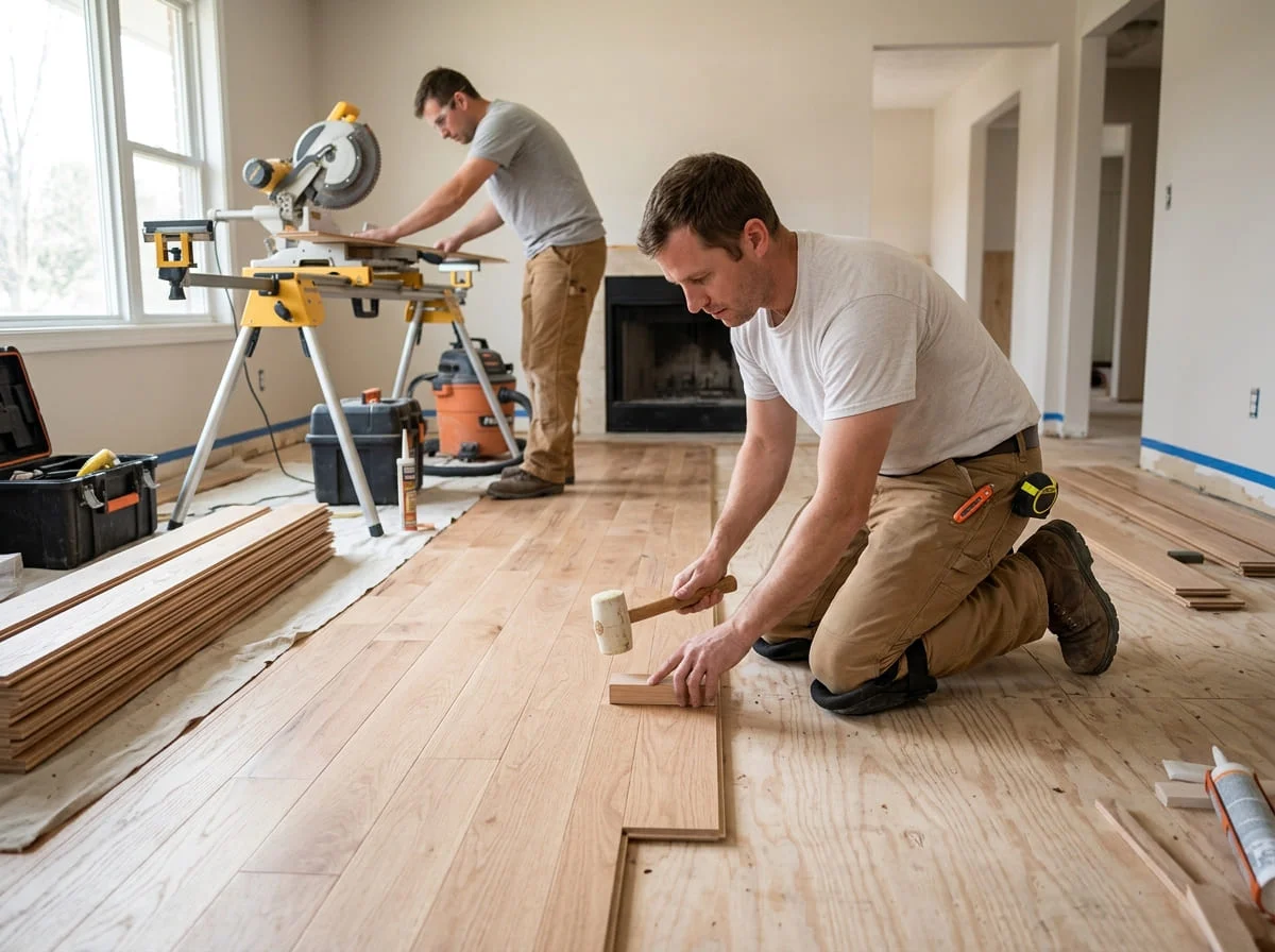 Refinished original wood plank flooring in a historic Lampasas TX home interior