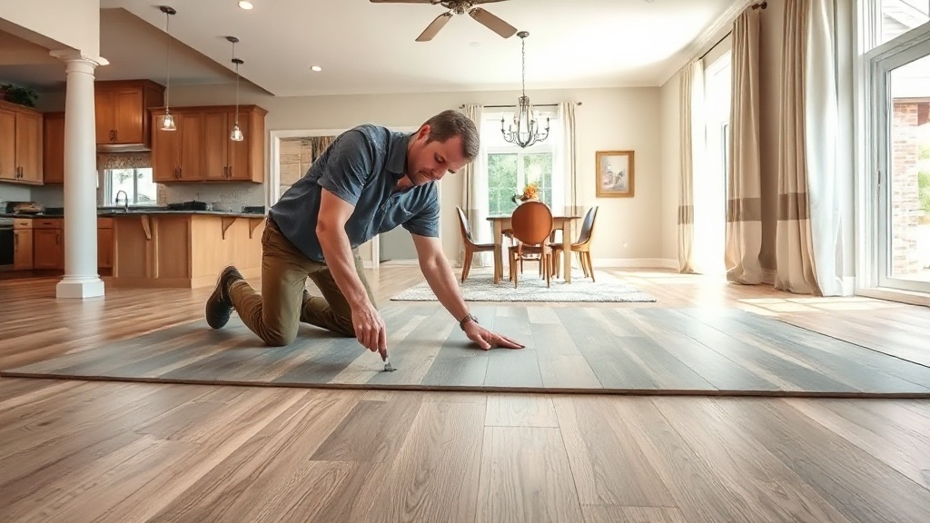 Professional flooring installer laying luxury vinyl plank in a bright Temple TX residential home