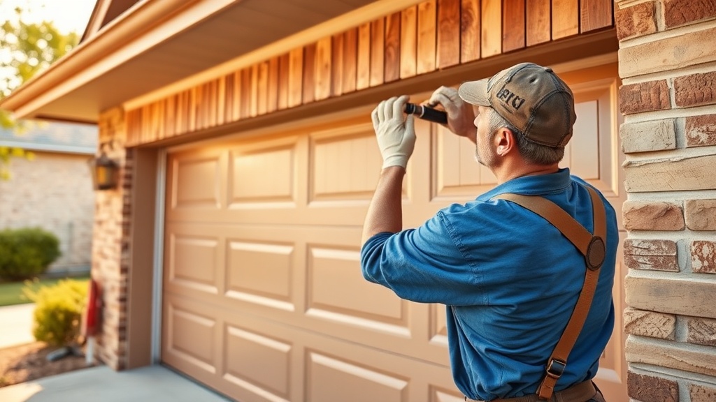 Handyman repairing a garage door torsion spring on a residential home in Belton TX