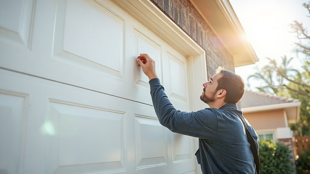 Professional handyman inspecting and repairing a residential garage door in Copperas Cove TX
