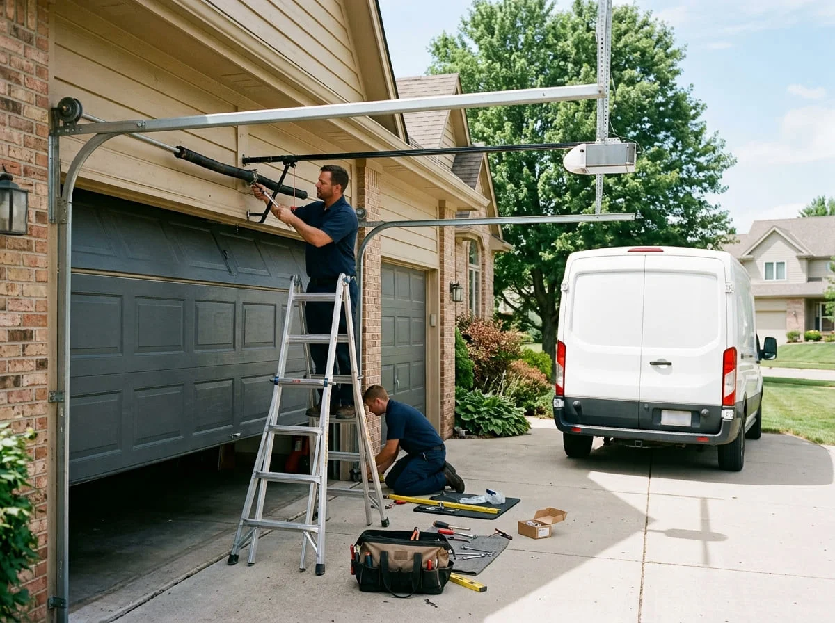 Handyman repairing a residential garage door opener and track at a military family home near Fort Cavazos TX