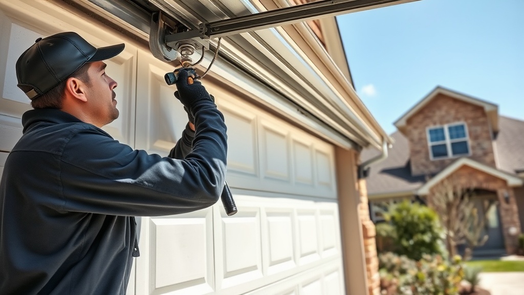 Professional technician repairing a residential garage door mechanism in a Harker Heights TX neighborhood