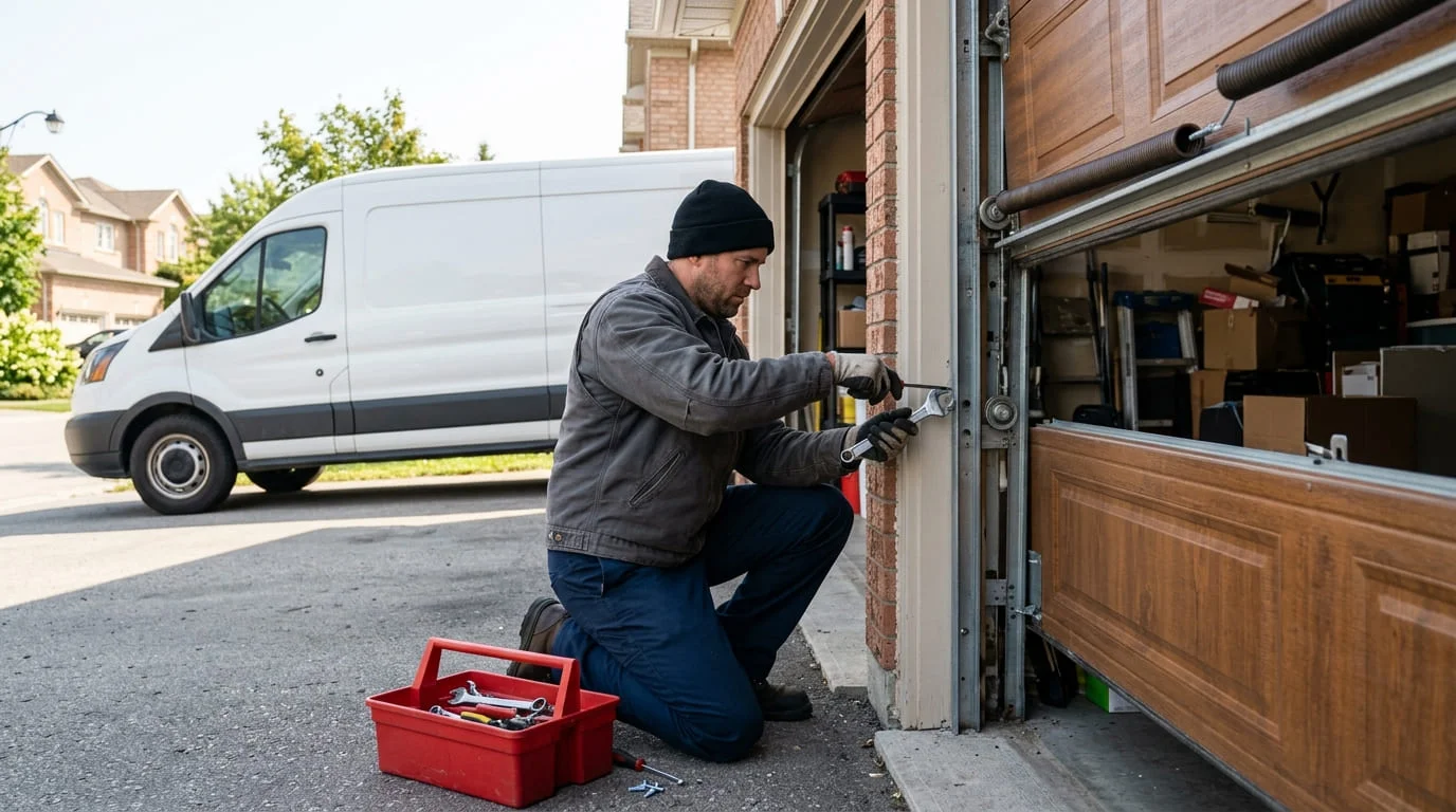 Technician servicing the spring and track on a three-car garage door at a Katy TX home