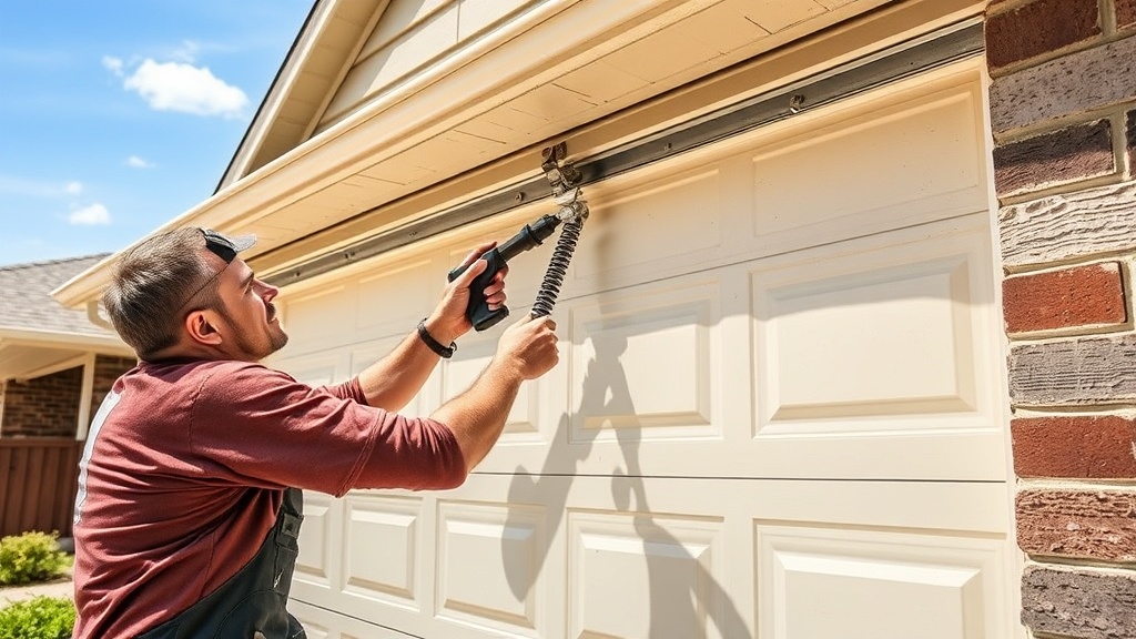 Handyman repairing a residential garage door spring system in a Nolanville TX suburban neighborhood