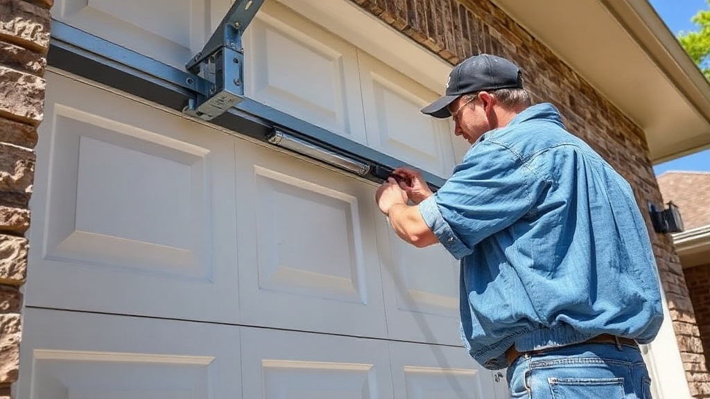 Handyman performing garage door spring repair and hardware inspection on a Temple TX residential home