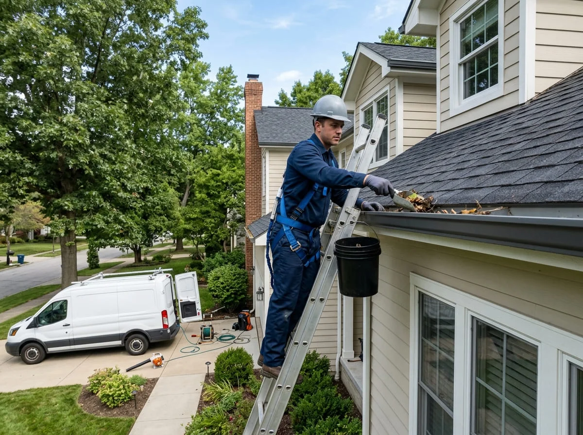 Worker on a ladder clearing debris from the gutters of a two-story home in Katy TX