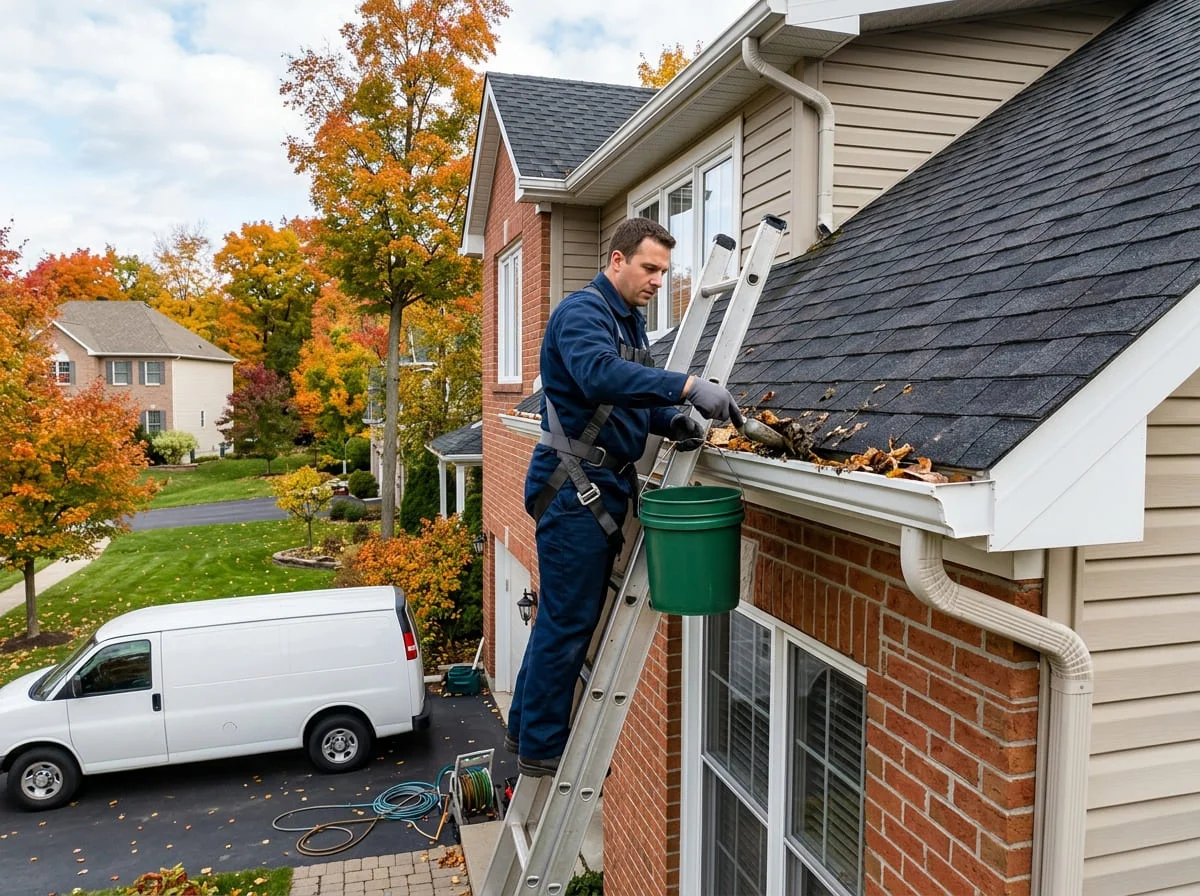 Worker clearing leaf debris from the gutter of a home in Lampasas TX