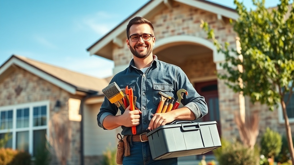 Professional handyman with toolbox outside a military community home near Fort Hood Fort Cavazos TX