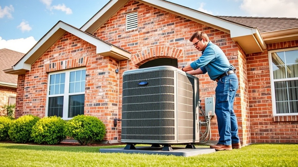 HVAC technician performing pre-season maintenance on a residential air conditioning unit outside a Belton TX home near Lake Belton