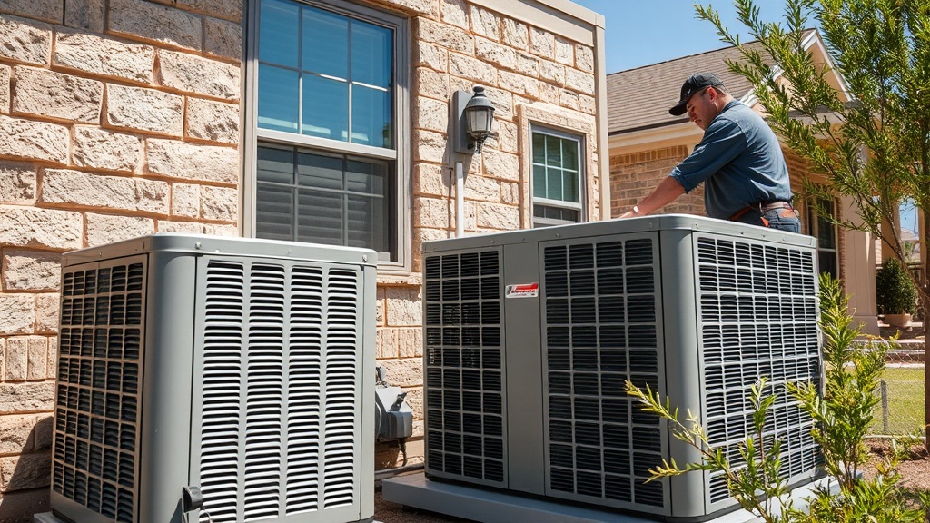 HVAC technician inspecting the outdoor condenser unit of a residential AC system next to a Copperas Cove TX home