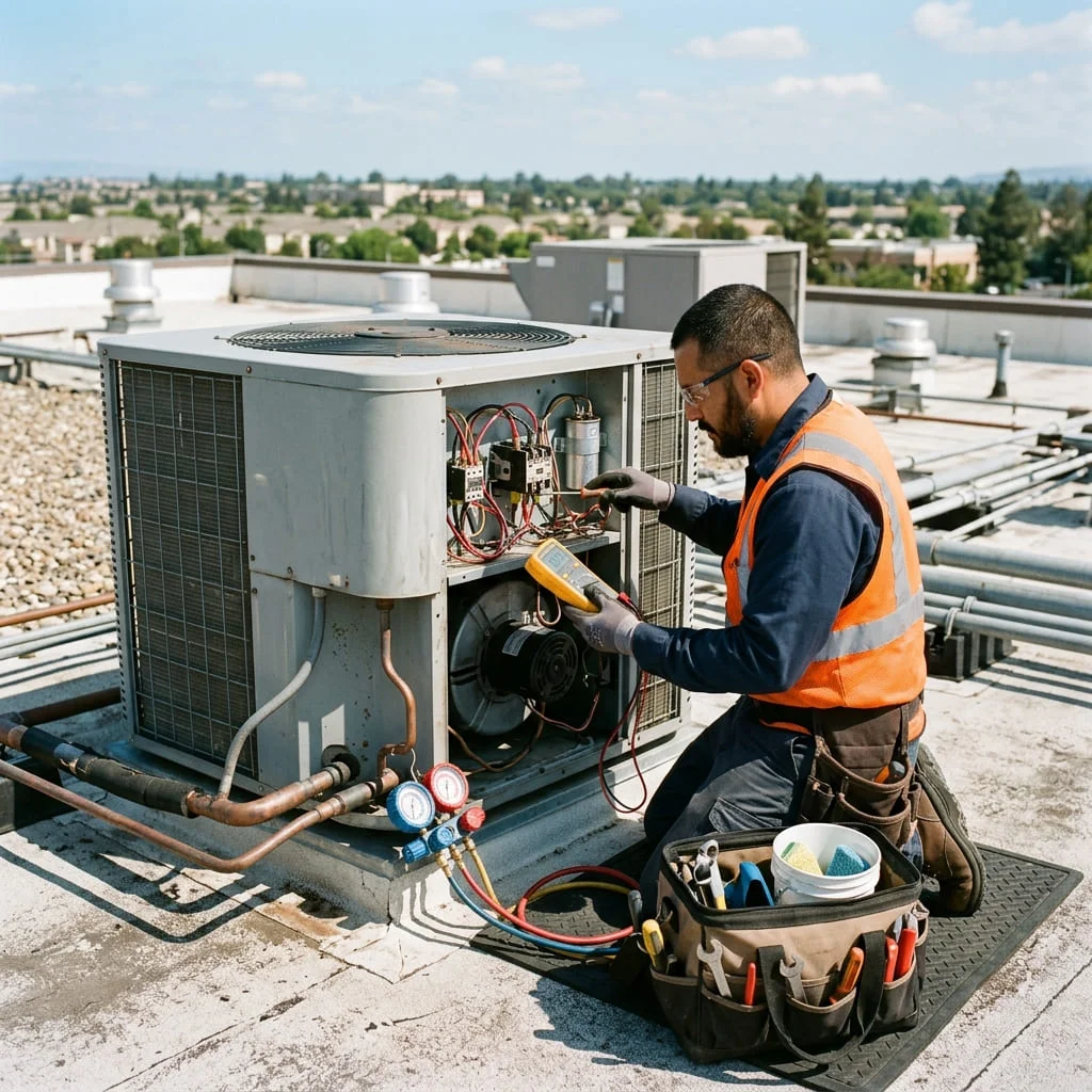 Technician performing HVAC maintenance on a residential system at a military family home near Fort Cavazos TX