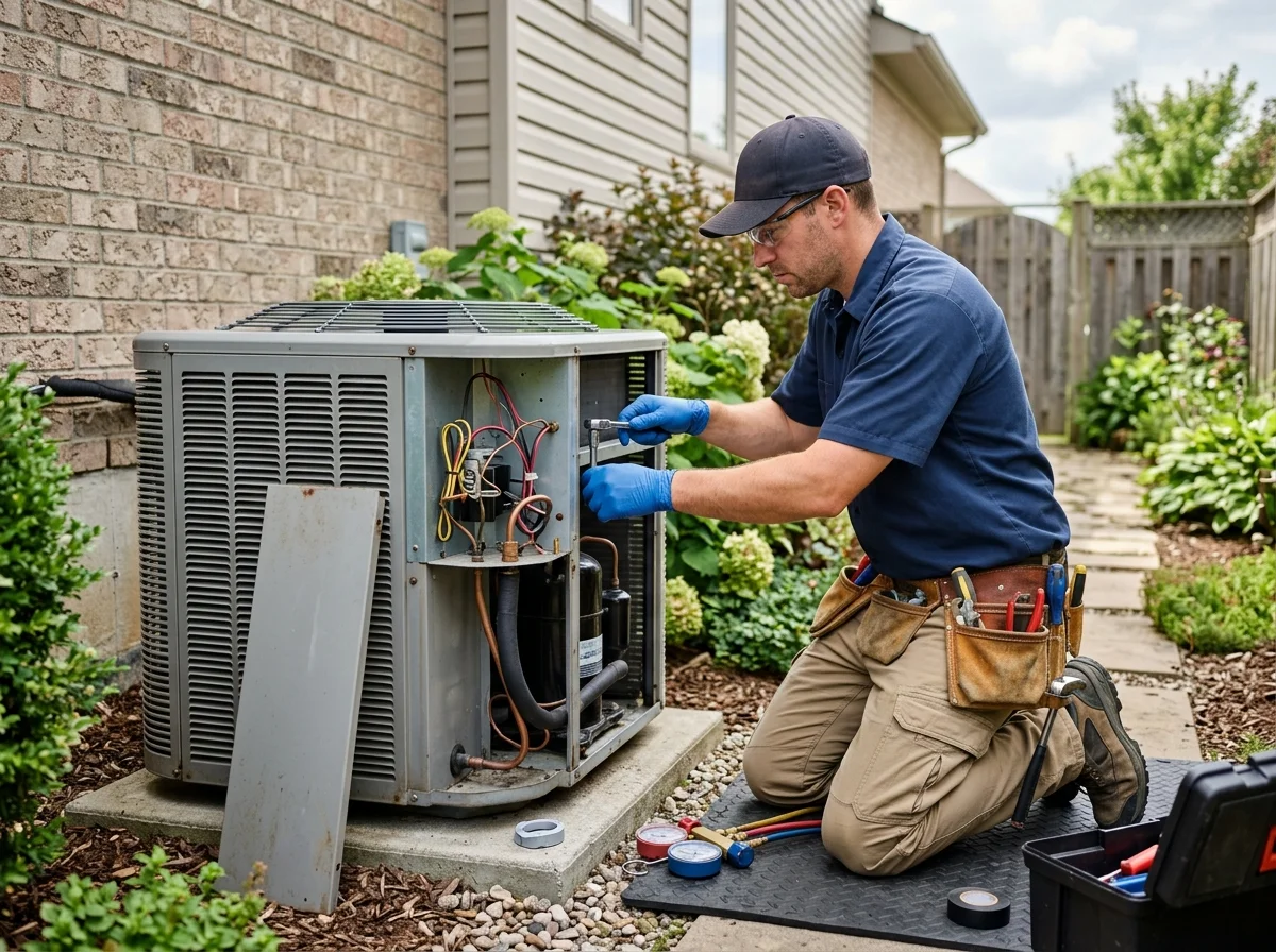 HVAC technician servicing an outdoor air conditioning unit at a home in Katy TX
