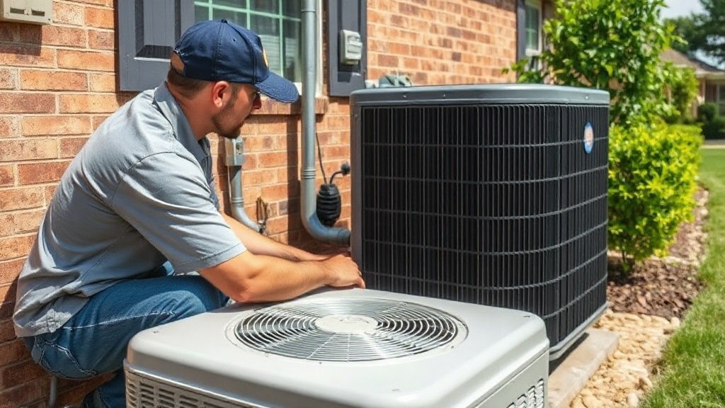 HVAC technician performing annual maintenance on a residential air conditioning unit outside a Temple TX home