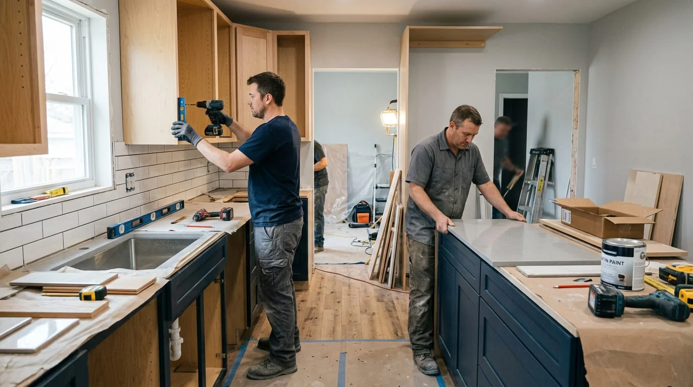 Newly remodeled kitchen in a Belton TX home with modern cabinets, quartz countertops, and tile backsplash