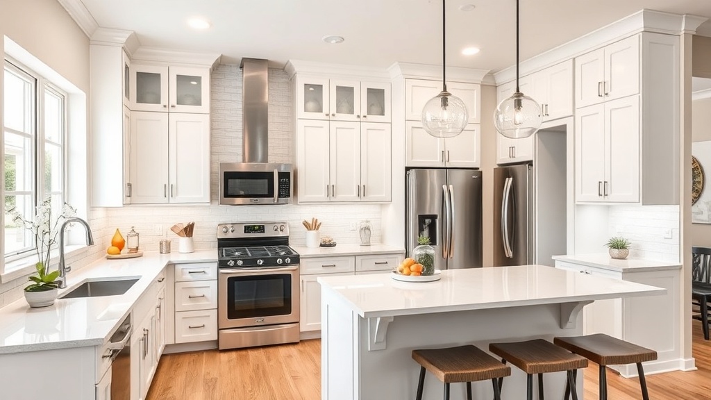 Newly remodeled kitchen with white shaker cabinets, quartz countertops, and subway tile backsplash in a Harker Heights TX home