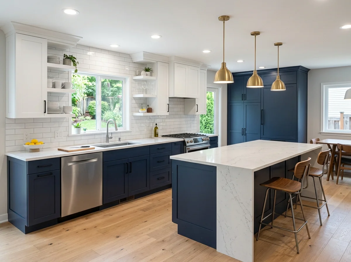 Newly renovated kitchen with white cabinets and quartz countertops in a Katy TX home