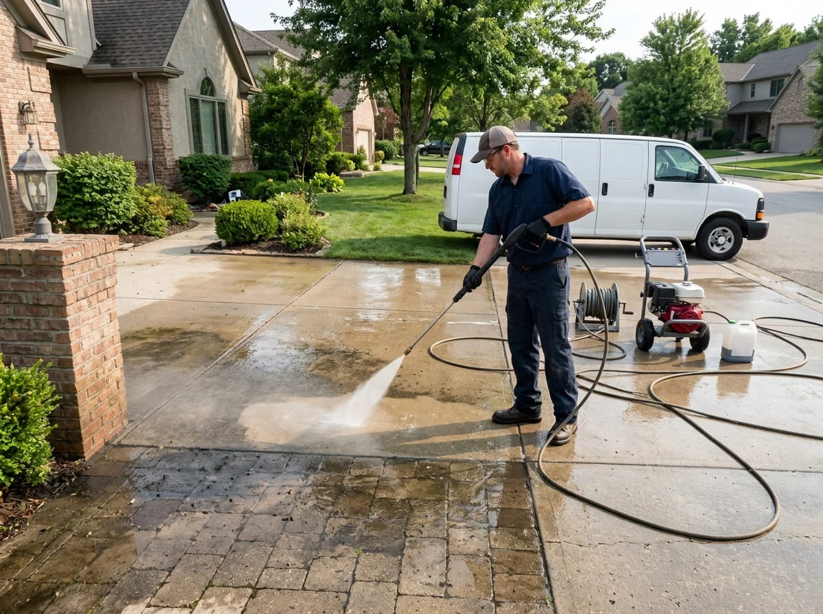Exterior maintenance and cleaning work on a limestone home and walkway in Lampasas TX