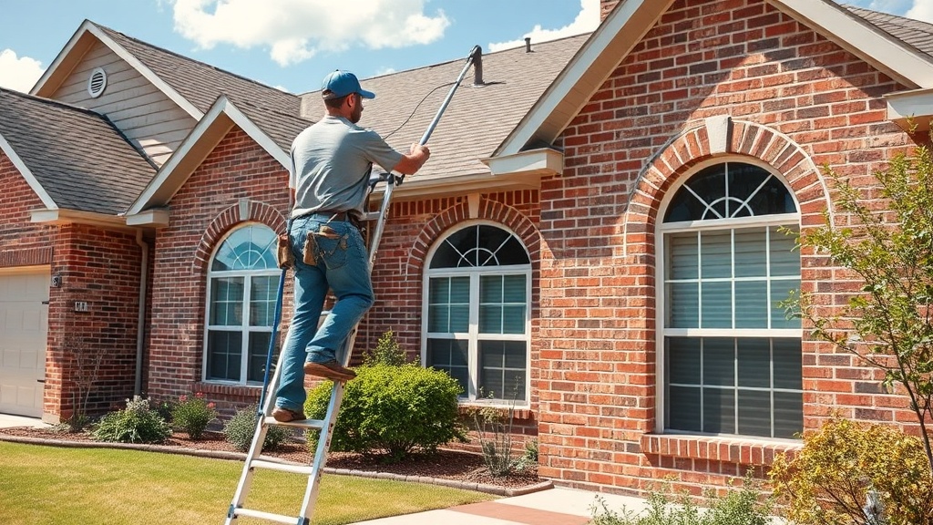 Professional painter on a ladder painting the exterior of a brick home in a Belton TX neighborhood on a sunny day