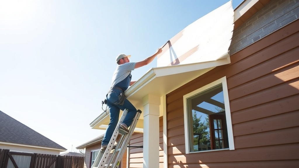 Professional painter on a ladder painting the exterior siding of a Copperas Cove TX home on a sunny day