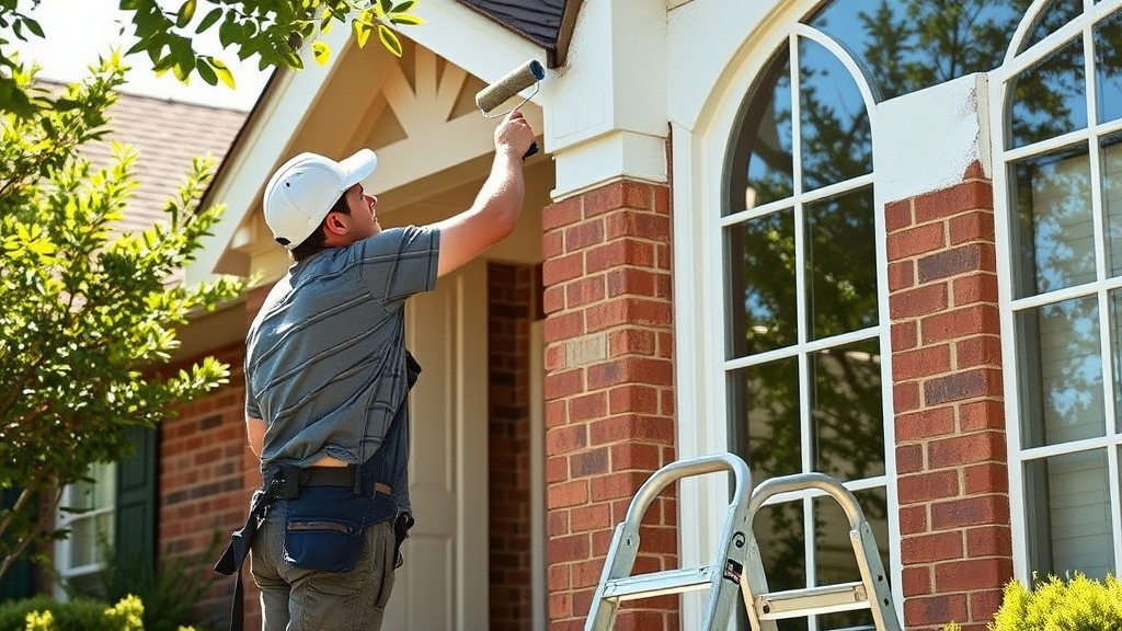 Professional painter on a ladder painting the exterior of a suburban Harker Heights TX home