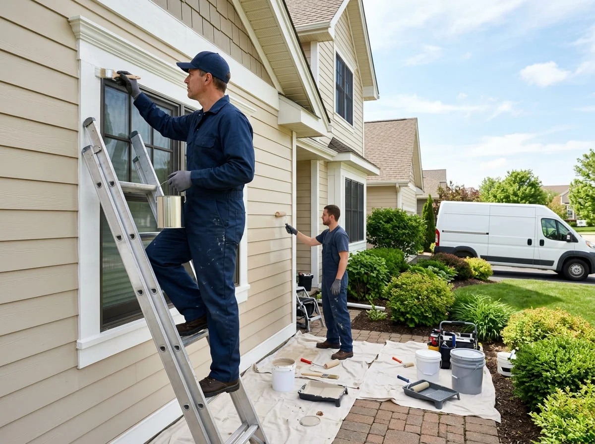 House painter rolling exterior fiber cement siding on a two-story home in Katy TX