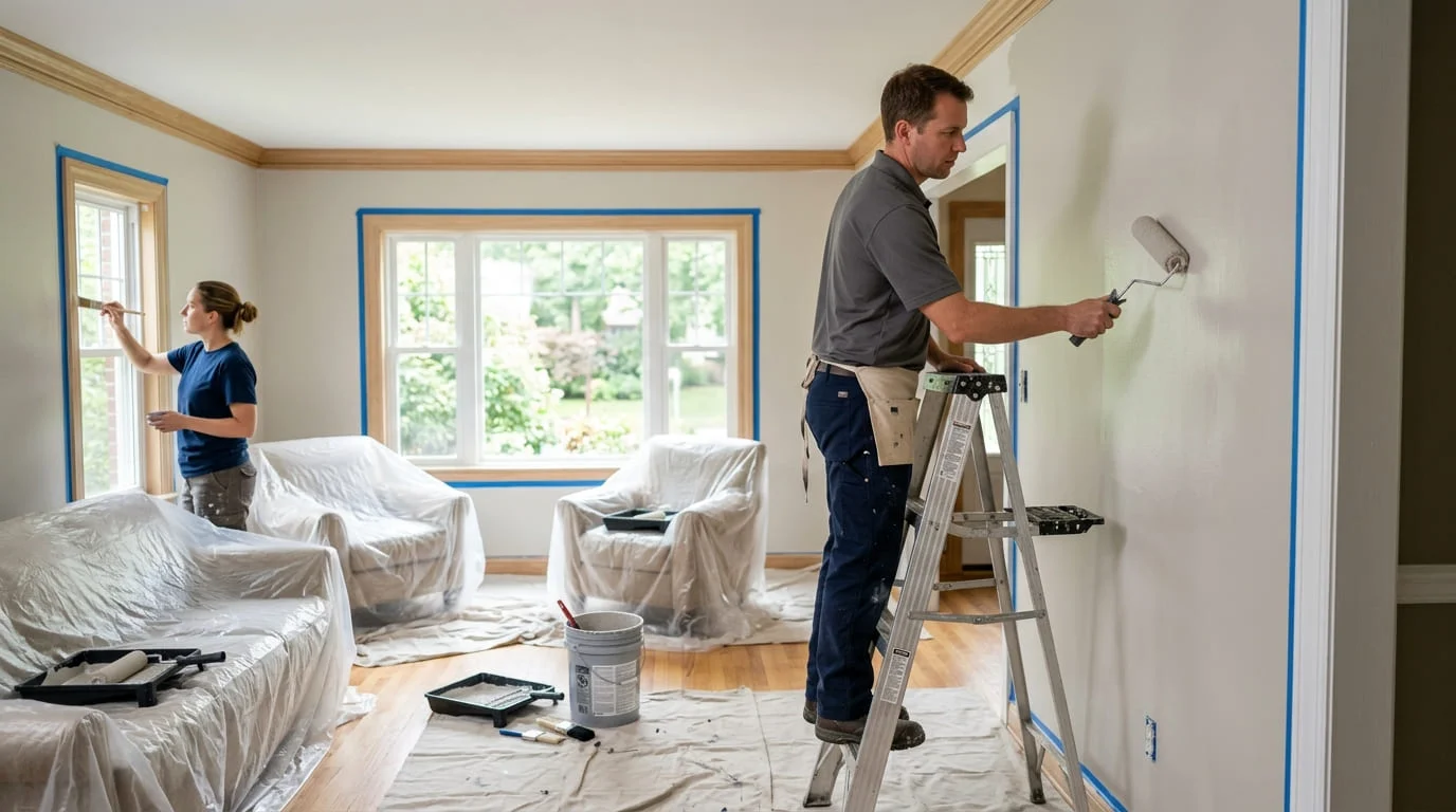 Painter applying exterior paint to a rural ranch-style home in Kempner TX