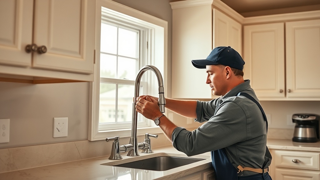 Professional plumber replacing a kitchen faucet under a sink in a bright residential home in Belton TX
