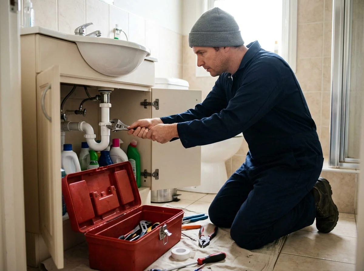 Handyman replacing a faucet under a bathroom sink in a military family home near Fort Cavazos TX