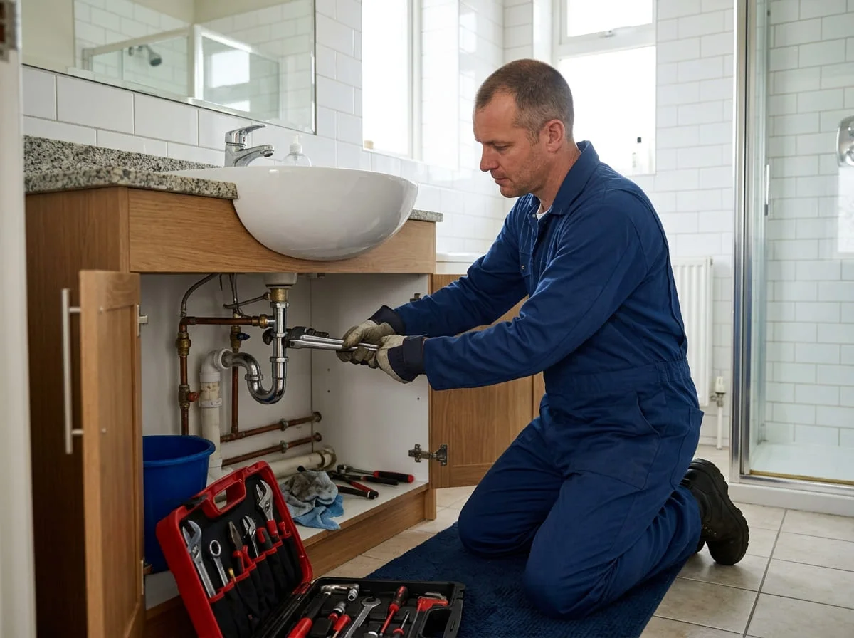 Plumber working under a kitchen sink in a Katy TX home