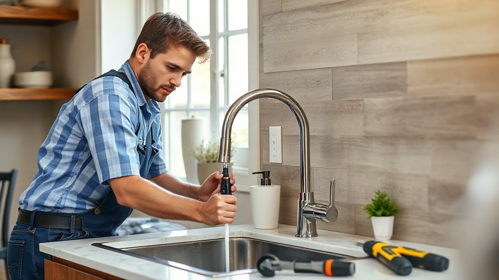 Professional plumber replacing a kitchen faucet under a sink in a residential home in Nolanville TX